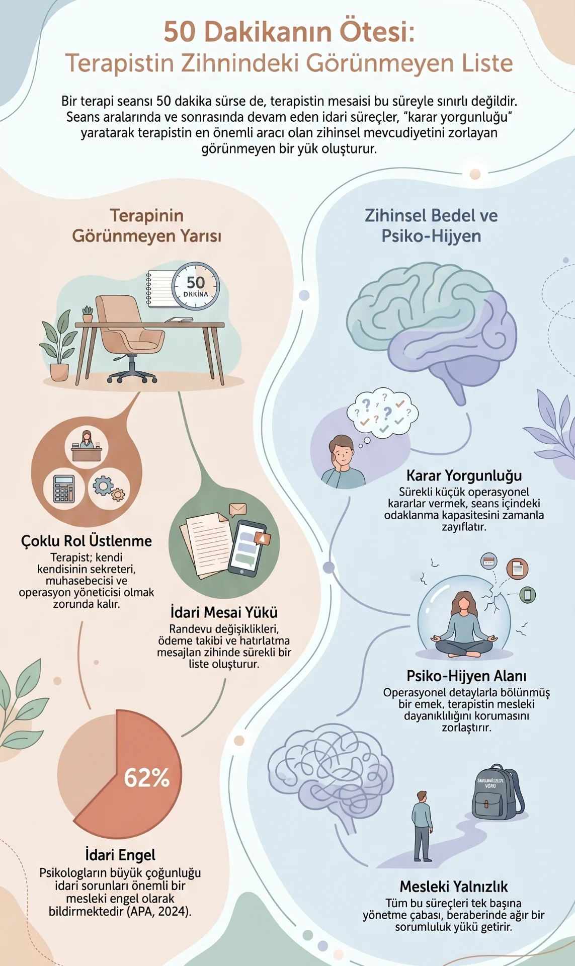 İnfografik: terapinin görünmeyen yarısı — çoklu rol üstlenme, idari mesai yükü, karar yorgunluğu, psiko-hijyen alanı ve mesleki yalnızlık.